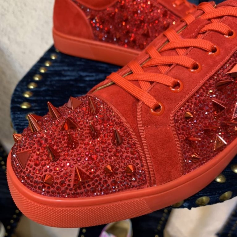 Christian Louboutin top quality red velvet crystal spikes sneakers