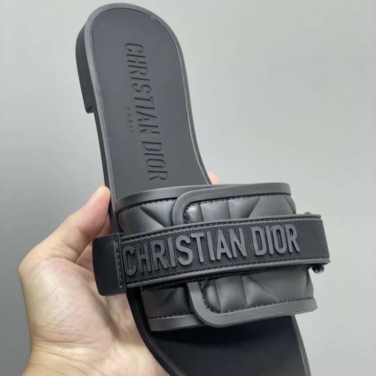 Dior High Quality Dway Pure Black Buckle Letter Velcro Ribbed Flat Slippers 35-43 SH018 (5)