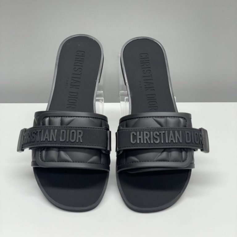 Dior High Quality Dway Pure Black Buckle Letter Velcro Ribbed Flat Slippers 35-43 SH018