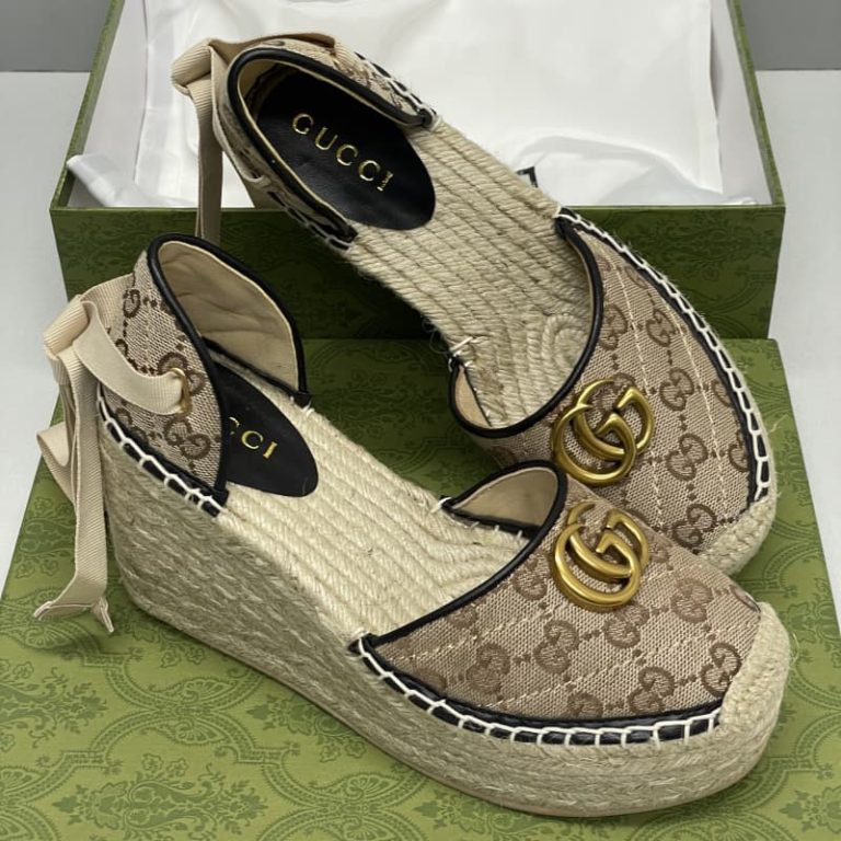 GUCCI Top Quality women linen heeled sandal wedge-3