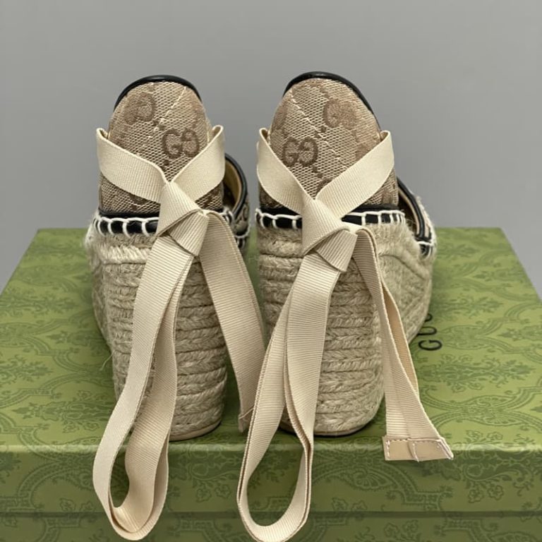GUCCI Top Quality women linen heeled sandal wedge-4