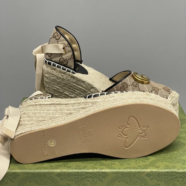 GUCCI Top Quality women linen heeled sandal wedge-5