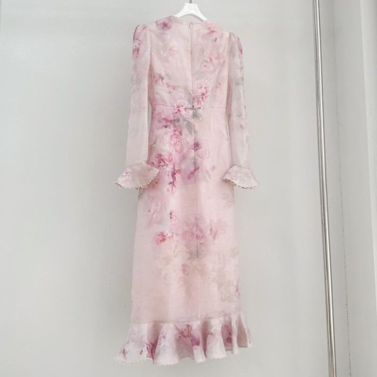 Zimmermann High Quality Floral Embellished Summer Dress Pearl Embellished Edge Women's Long Sleeve Dress 55%LINEN 45%SILK FZ365-2
