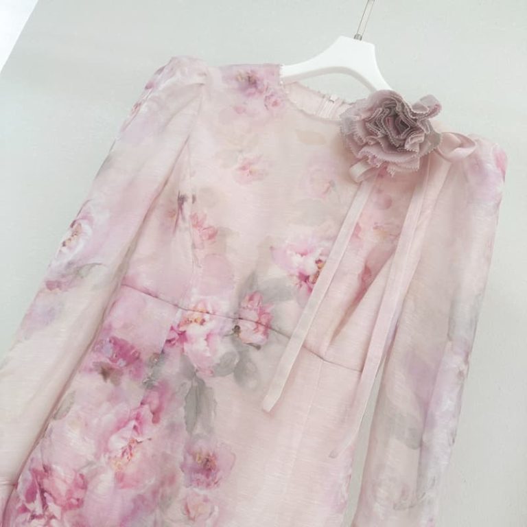 Zimmermann High Quality Floral Embellished Summer Dress Pearl Embellished Edge Women's Long Sleeve Dress 55%LINEN 45%SILK FZ365-3