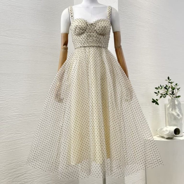 Zimmermann High Quality beige black polka dots sleeveless sling flocking lace patchwork tulle mesh midi dress 100%polyester100%viscose lining-1