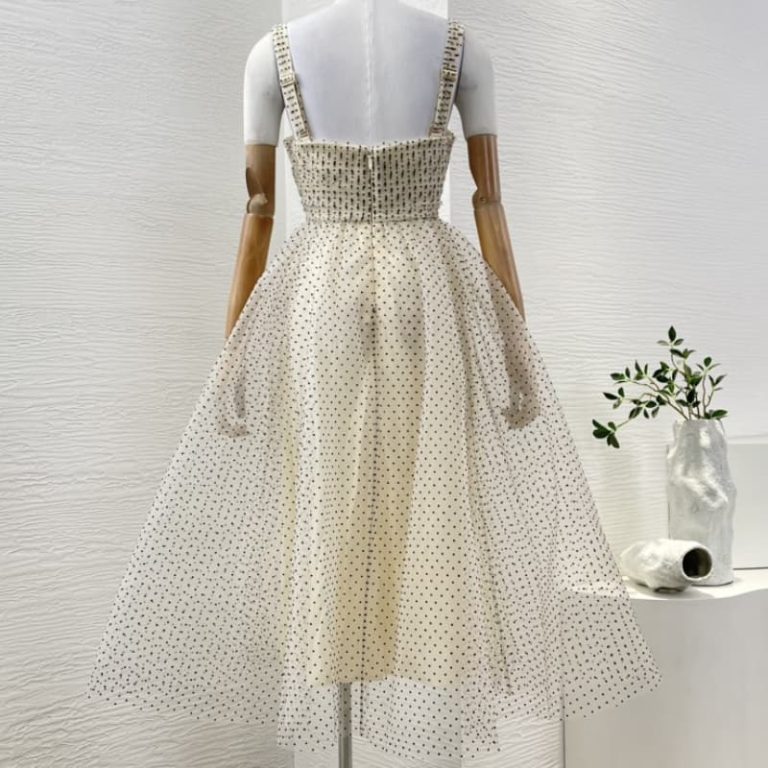 Zimmermann High Quality beige black polka dots sleeveless sling flocking lace patchwork tulle mesh midi dress 100%polyester100%viscose lining-2