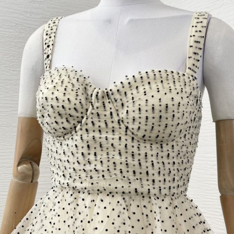 Zimmermann High Quality beige black polka dots sleeveless sling flocking lace patchwork tulle mesh midi dress 100%polyester100%viscose lining-3