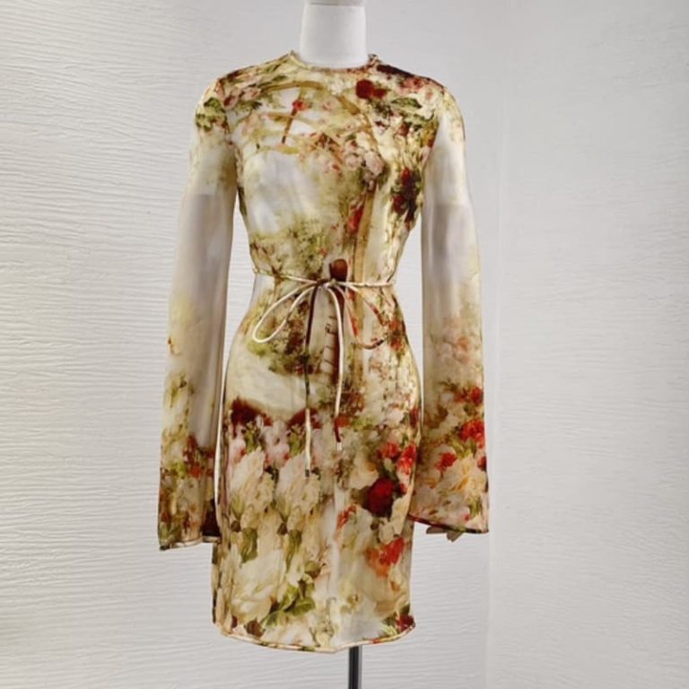 Zimmermann High Quality beige flowers print long sleeve mini dress 100%Silk-1