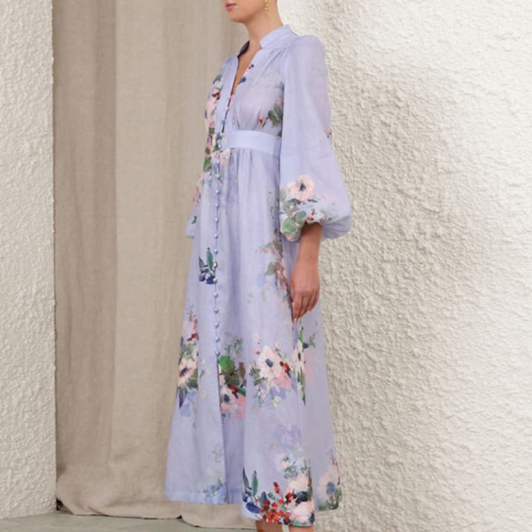 Zimmermann High Quality blue floral print long sleeve deep v neck midi dress 100%Linen-6
