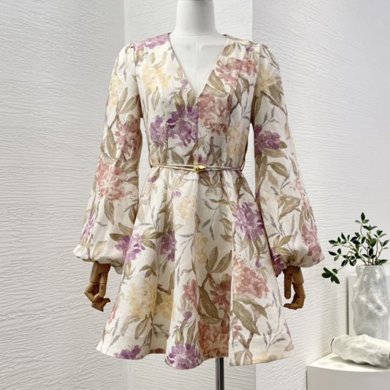 Zimmermann High Quality pink flowers print long sleeve mini dress Self tie belt at waist 100%Linen-1