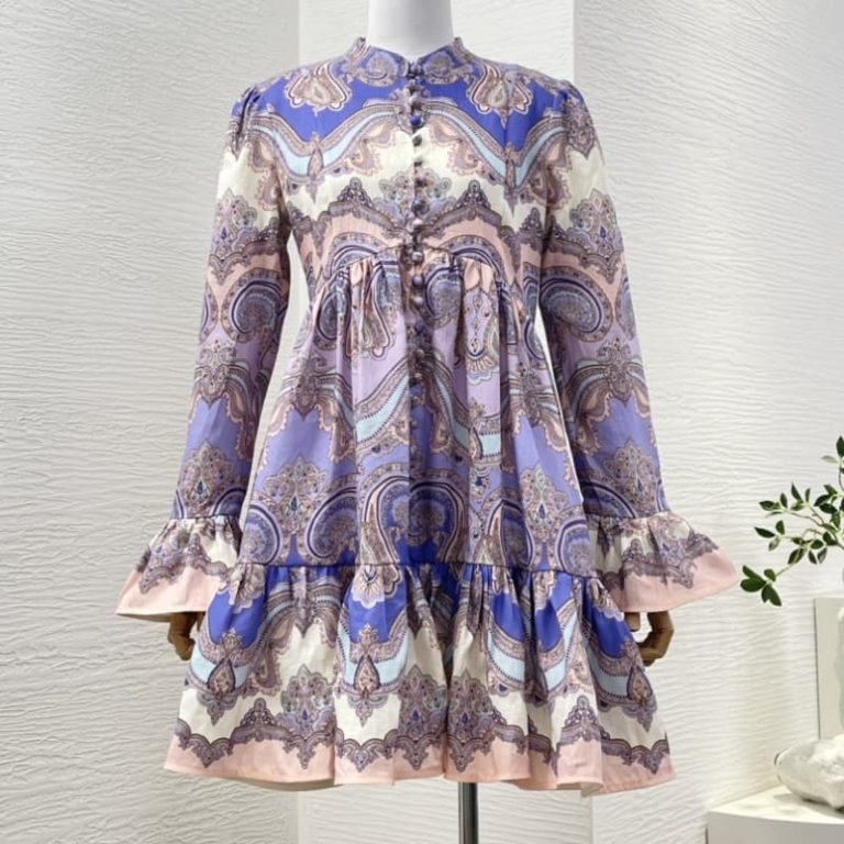Zimmermann High Quality purple violet paisley print long sleeve pleat mini dress 100%Linen-1