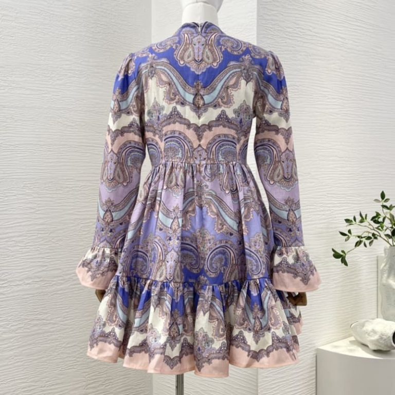 Zimmermann High Quality purple violet paisley print long sleeve pleat mini dress 100%Linen-2