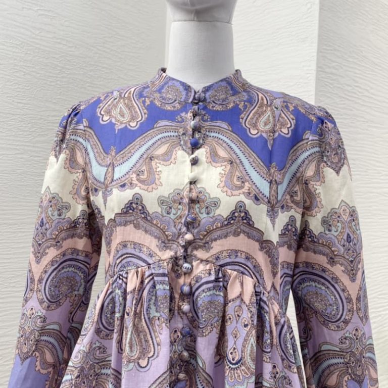 Zimmermann High Quality purple violet paisley print long sleeve pleat mini dress 100%Linen-3