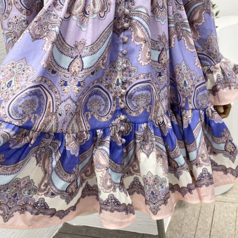 Zimmermann High Quality purple violet paisley print long sleeve pleat mini dress 100%Linen-4