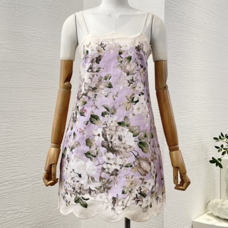 Zimmermann High Quality violet purple lilac purple flowers print sleeveless backless shell edge sling loose mini dress 100%Linen-1
