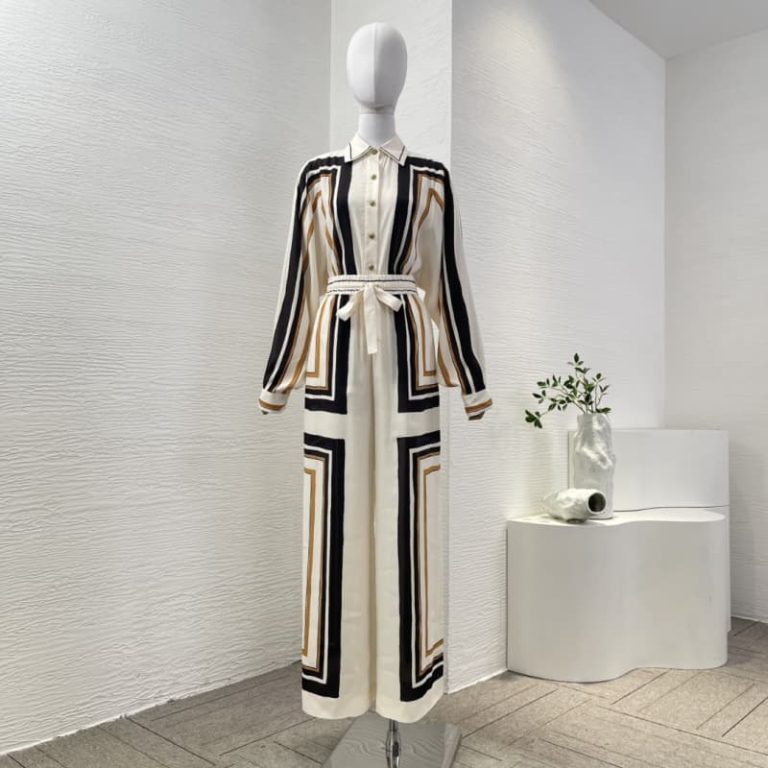 Zimmermann best quality silk linen white black striped print long sleeve blouse tops and pants set