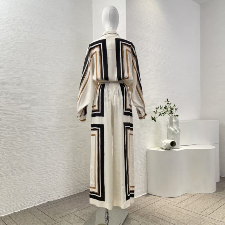 Zimmermann best quality silk linen white black striped print long sleeve blouse tops and pants set1