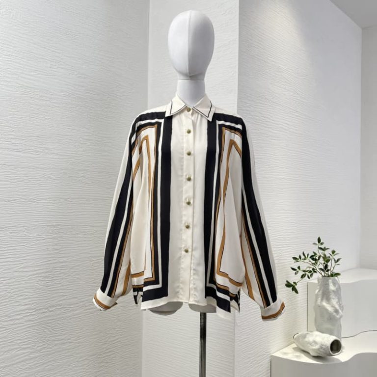 Zimmermann best quality silk linen white black striped print long sleeve blouse tops and pants set4
