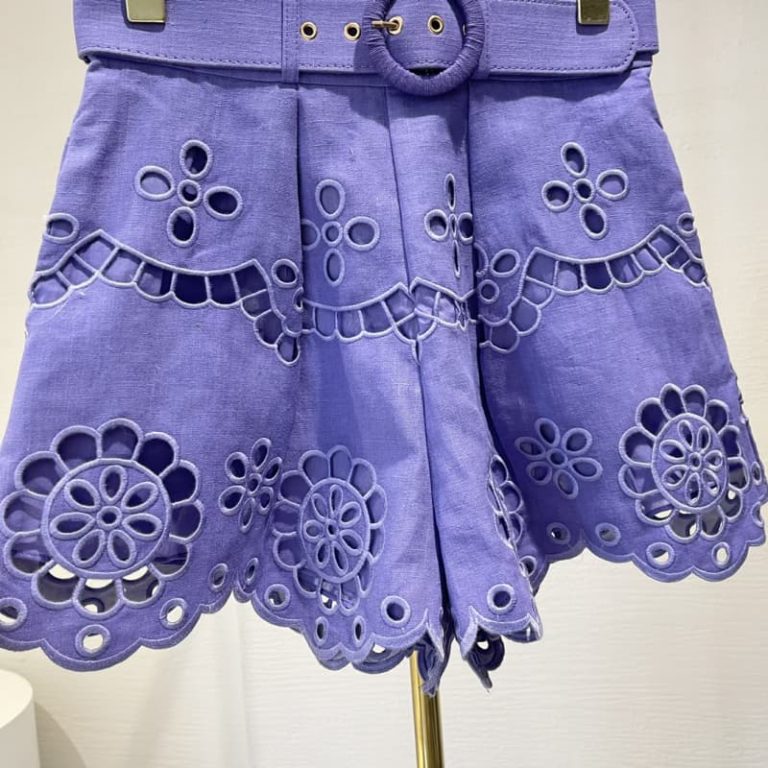 Zimmermann best quality violet purple sleeveless embroidery floral hollow out shell lace blouse tops and shorts set2
