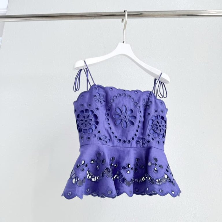 Zimmermann best quality violet purple sleeveless embroidery floral hollow out shell lace blouse tops and shorts set5