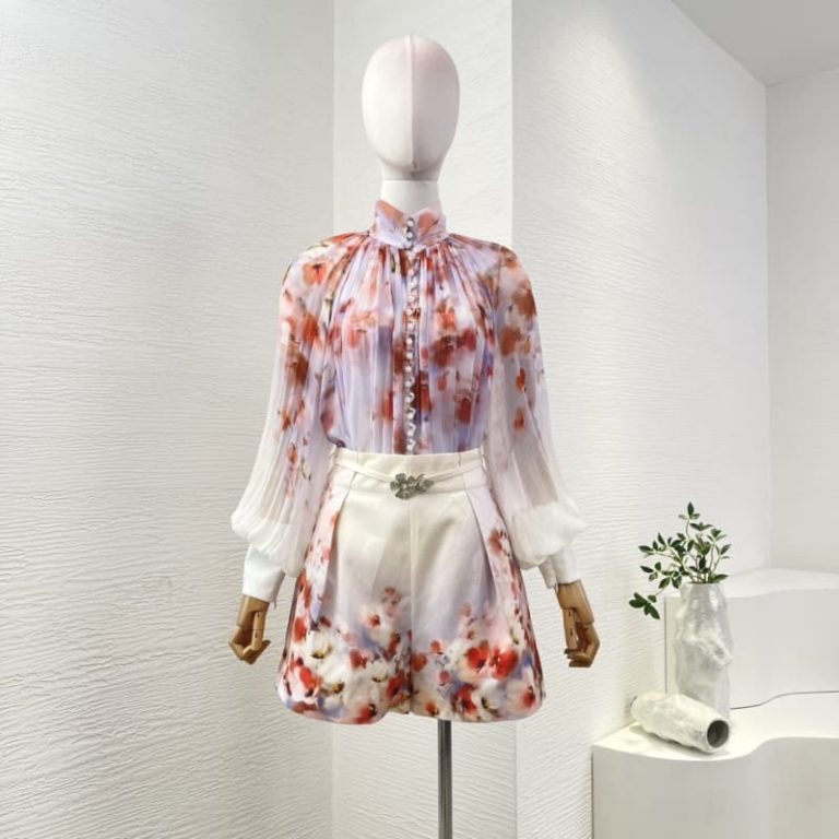 Zimmermann best quality viscose red floral print long sleeve stand collar blouse and shorts set