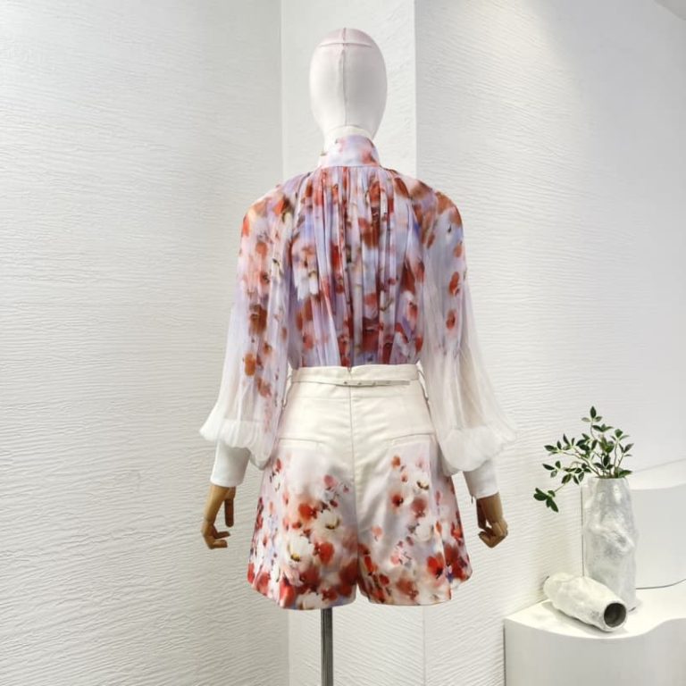 Zimmermann best quality viscose red floral print long sleeve stand collar blouse and shorts set1