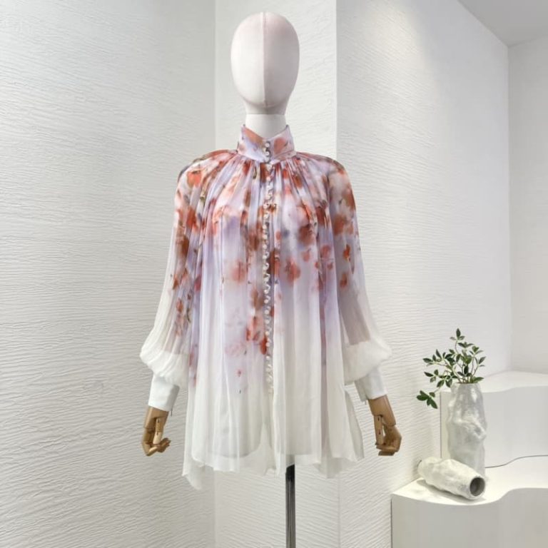 Zimmermann best quality viscose red floral print long sleeve stand collar blouse and shorts set5