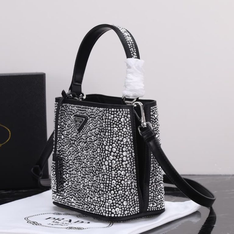 High quality Prada crystal bucket bag Women shoulder bag Crystal decoration Front iconic logo pattern-7