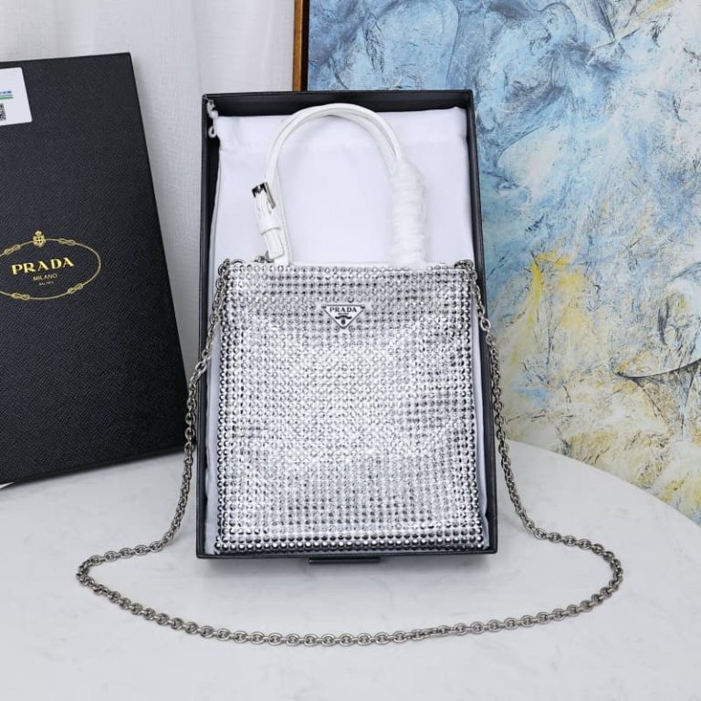 High quality Prada sparkling diamond bag Women rhinestone handbag chain bag Front iconic logo pattern-7