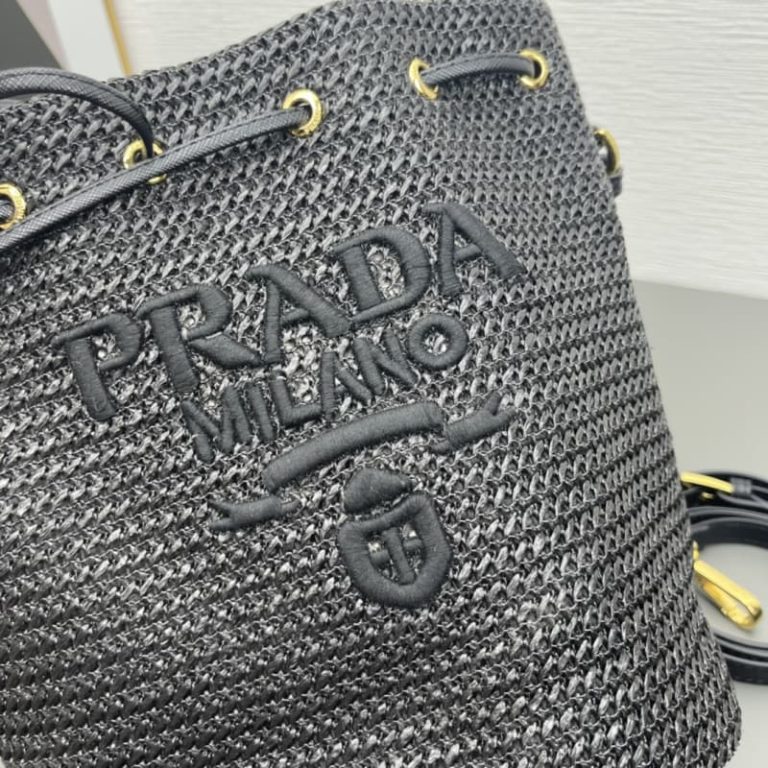 High quality Prada women woven bucket bag shoulder bag straw bag front iconic logo pattern-6