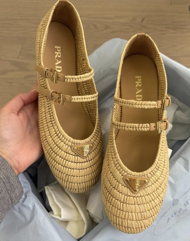 Prada Stuoia Raffia Dual Mary Jane Ballerina Flats